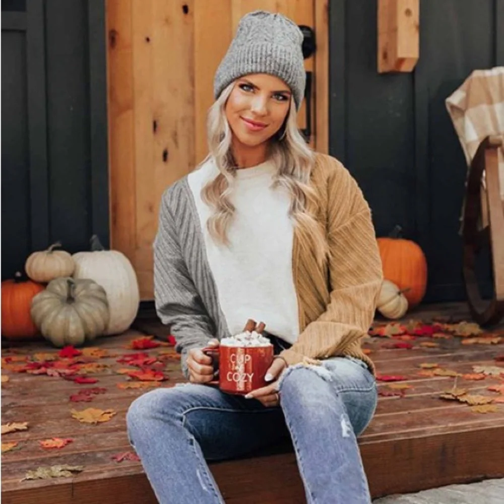 Cozy Sweater, Color Block, Cable Knit Texture, White/Tan/Gray, M L XL 2X - Picture 4 of 16